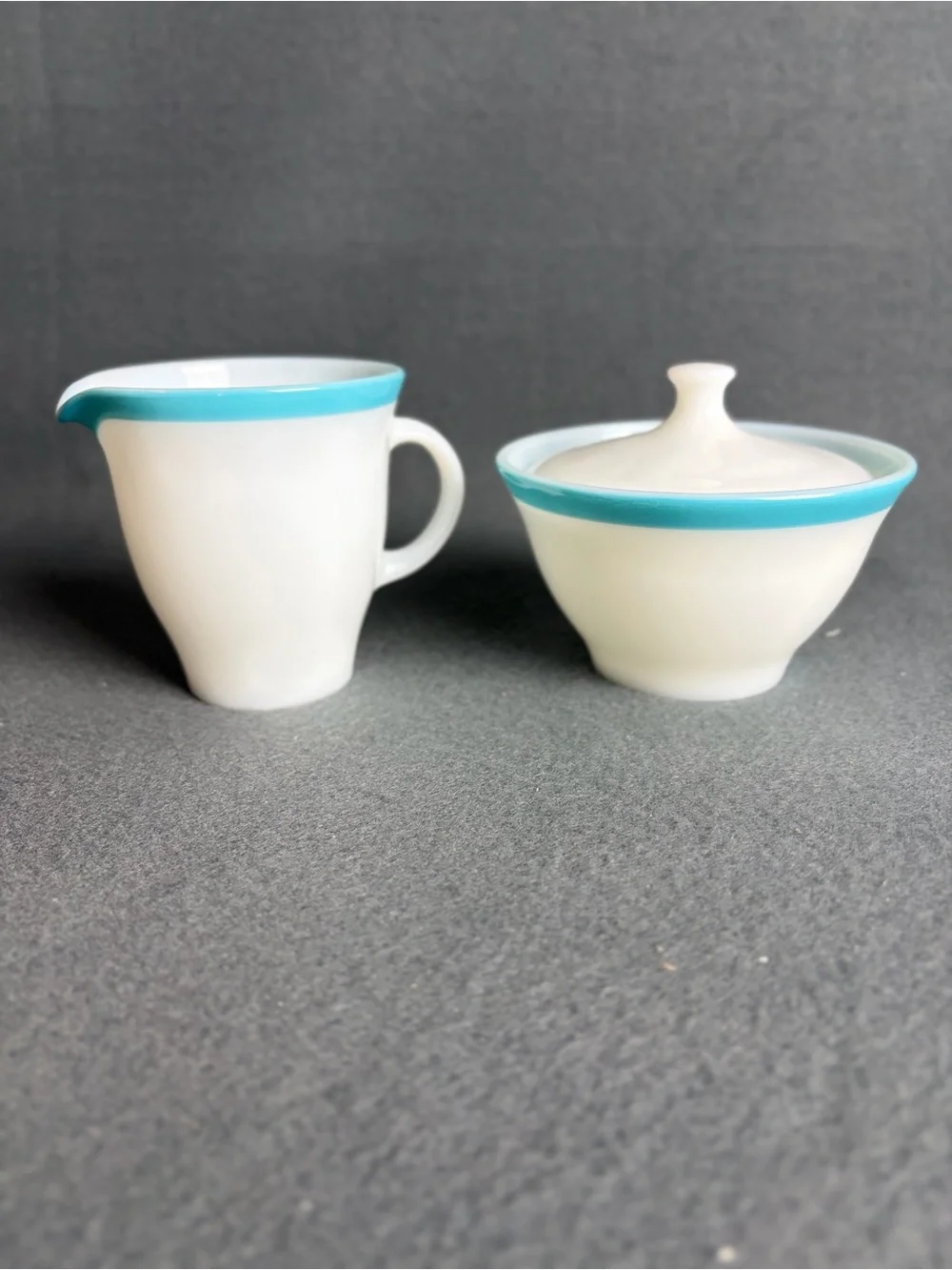 MCM Vintage 1950s Pyrex Turquoise Blue Rim Sugar Bowl W/ Lid and Creamer Set